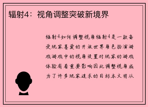 辐射4：视角调整突破新境界